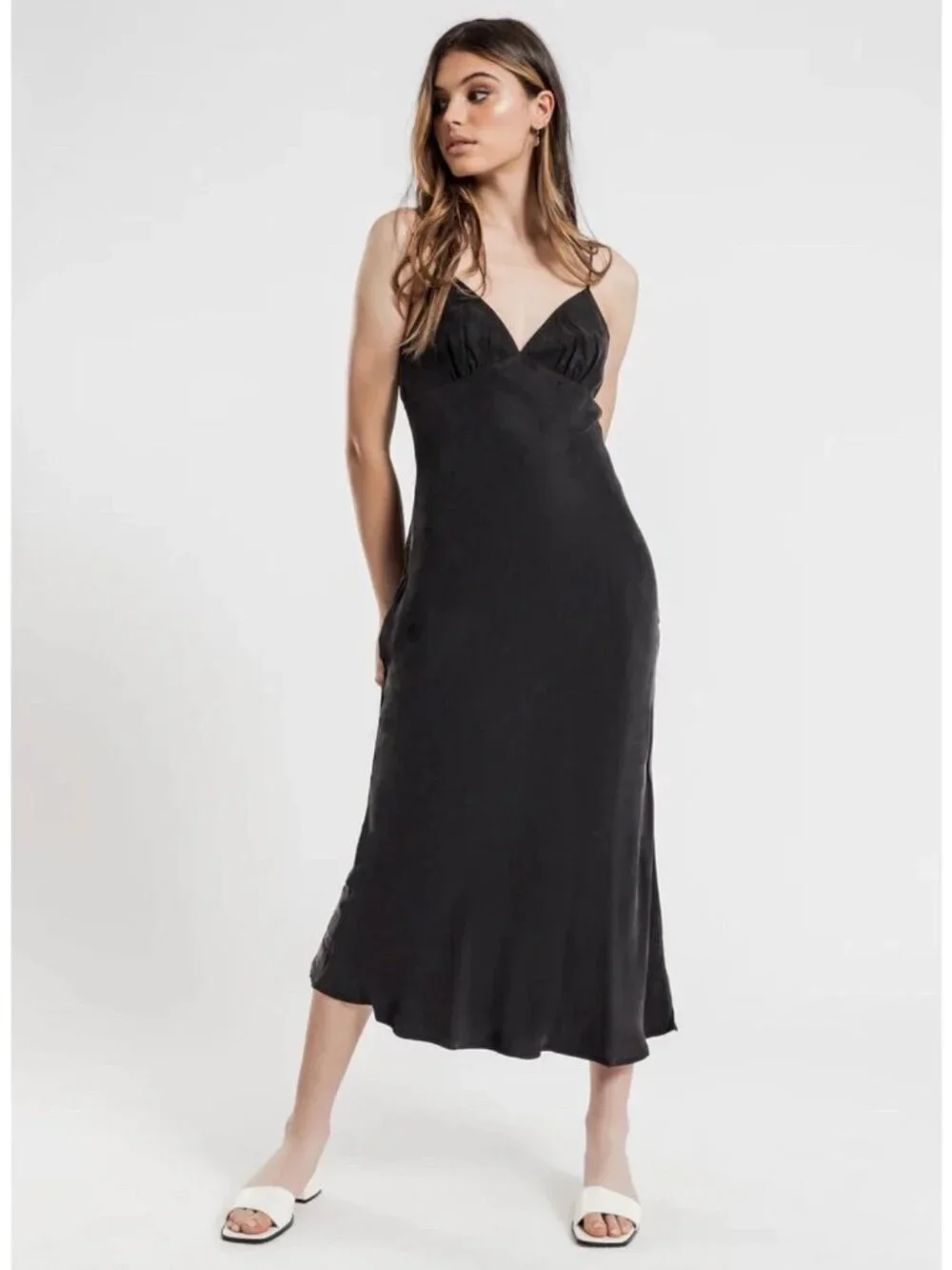 Abercrombie & Fitch Dress Size Large Petite Black Satin Slip Spaghetti Straps
